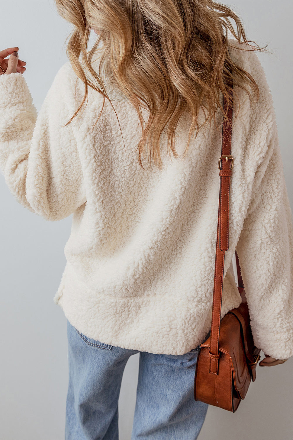 White Solid Fleece High Neck Drop Shoulder Pullover Sweatshirt eAura