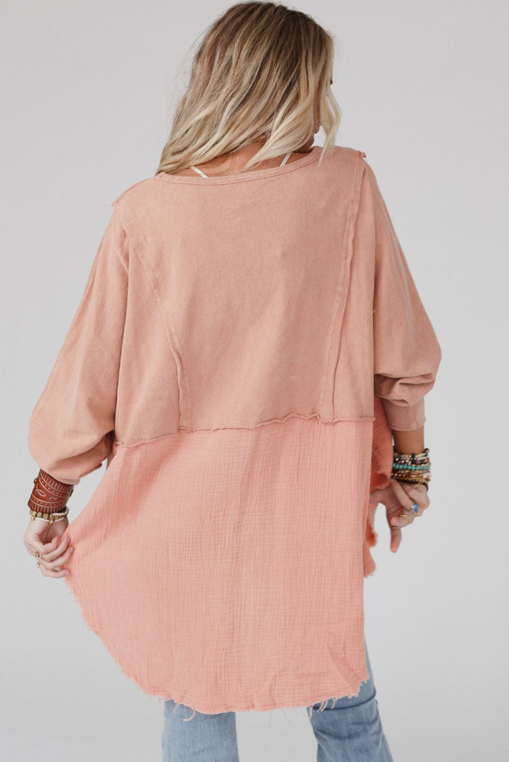 Camel Crinkle Splicing Raw Hem High Low Oversized Blouse eAura
