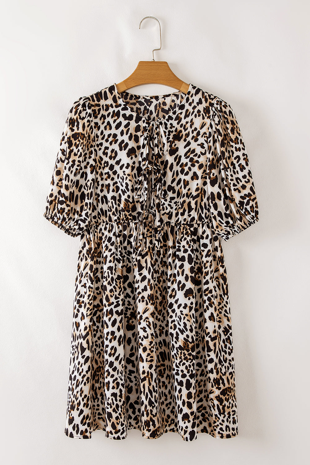 Multicolour Leopard Tie Front Puff Sleeve Short Flared Dress eAura