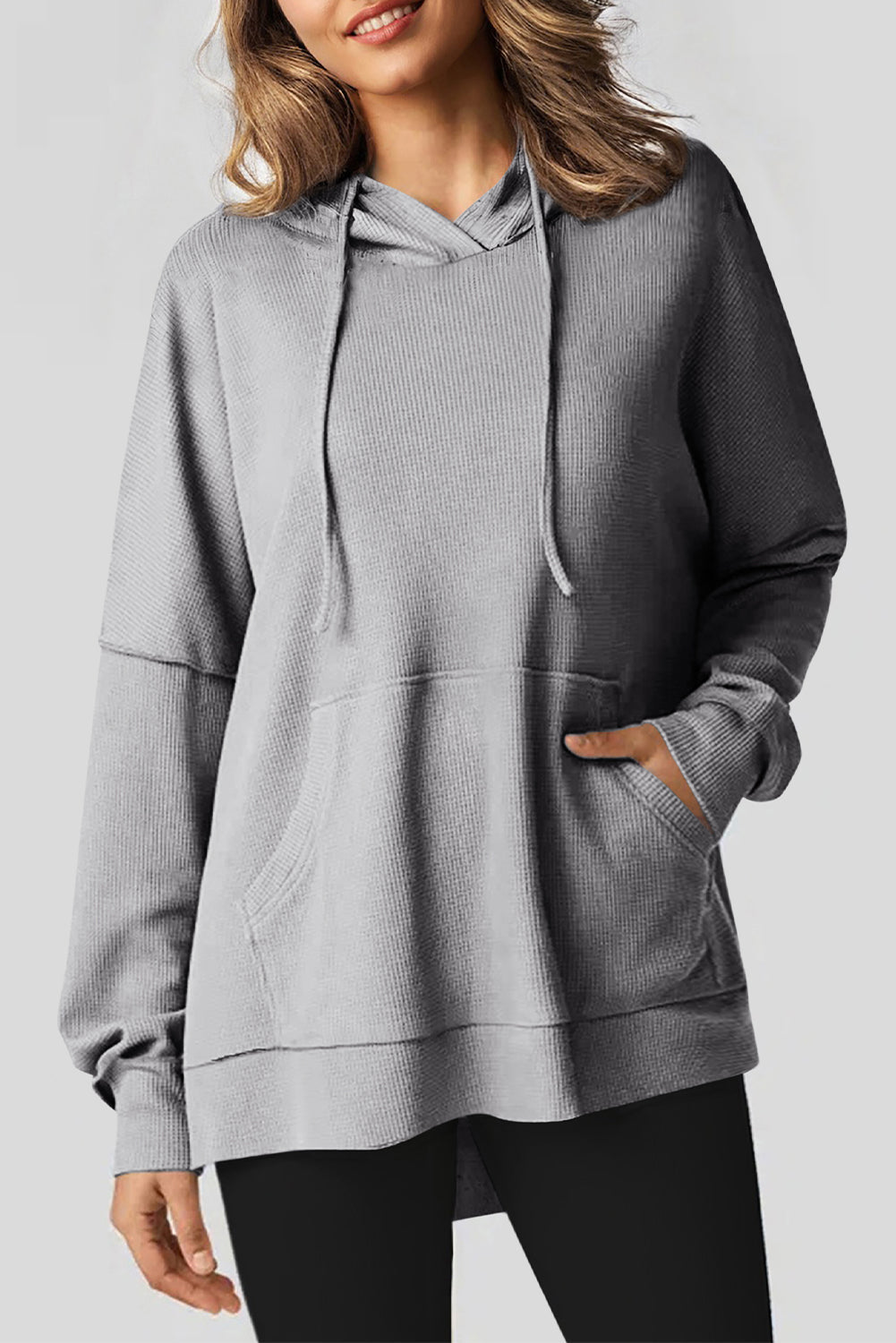 Light Pink Waffle Knit Fleece Lined High Low Oversized Hoodie eAura