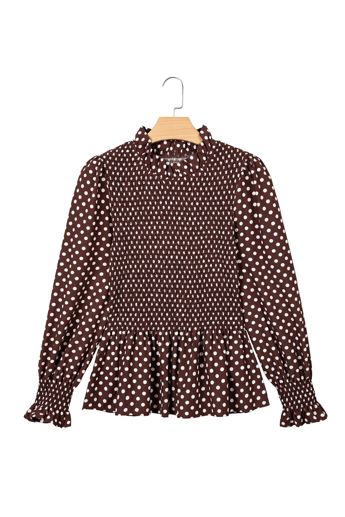 Polka Dot Ruffled High Neck Shirred Ruffle Hem Blouse – Brown
