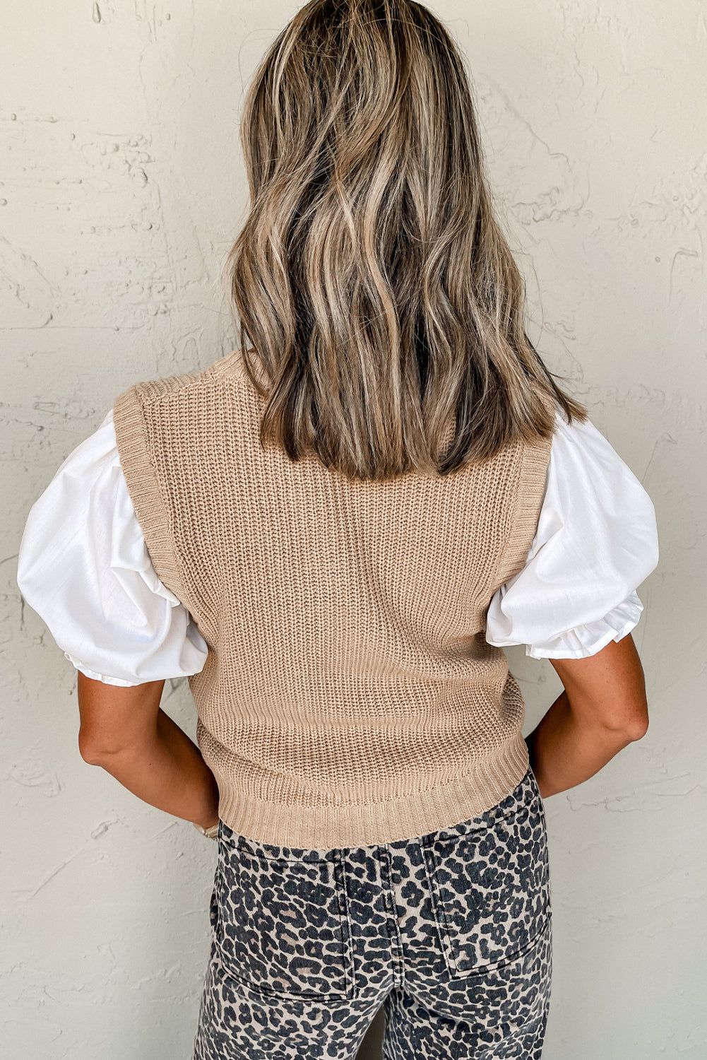 Beige Round Neck Knit Contrast Short Puff Sleeve Sweater - Sweaters & Cardigans/Sweaters
