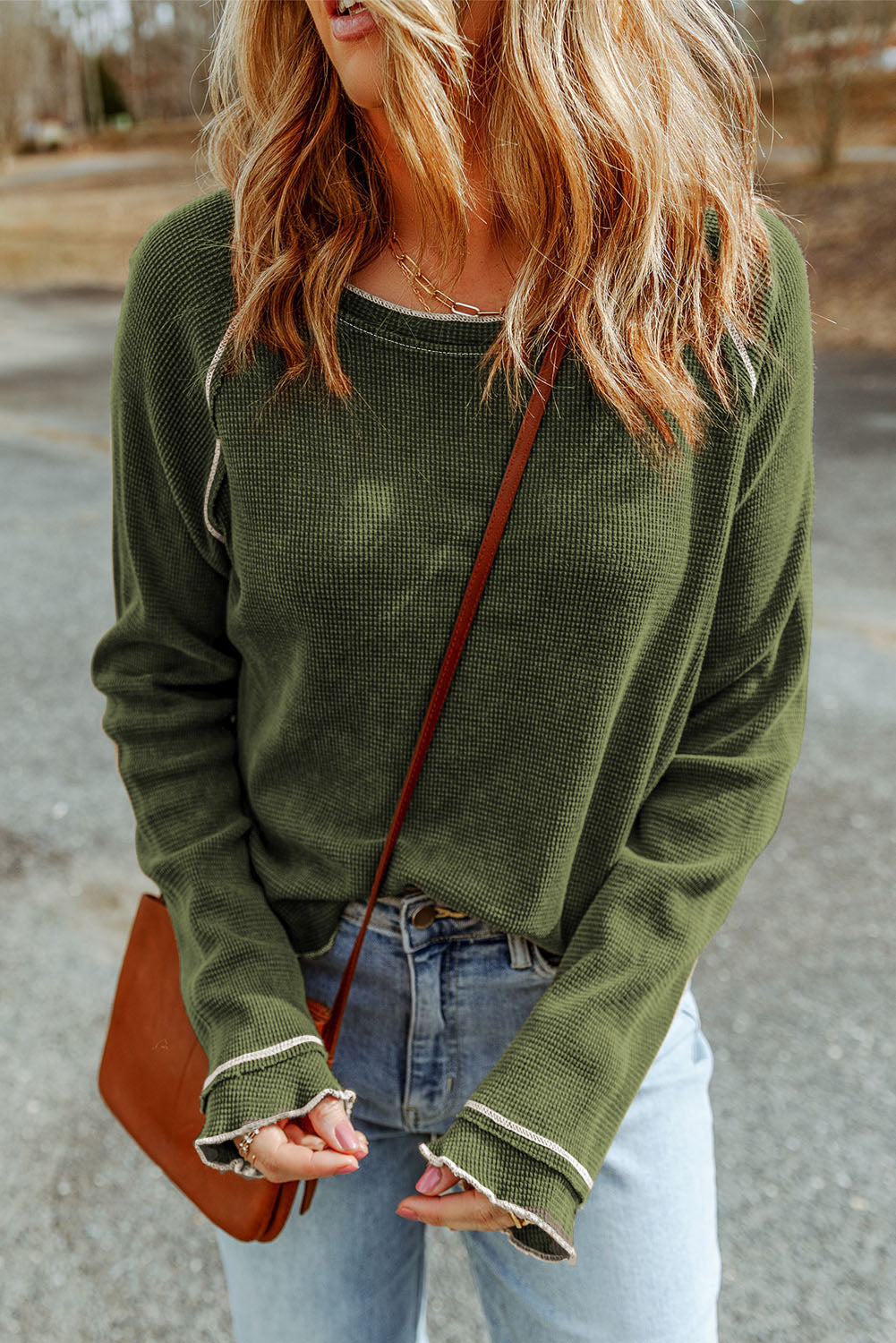Fiery Red Textured Round Neck Long Sleeve Top eAura