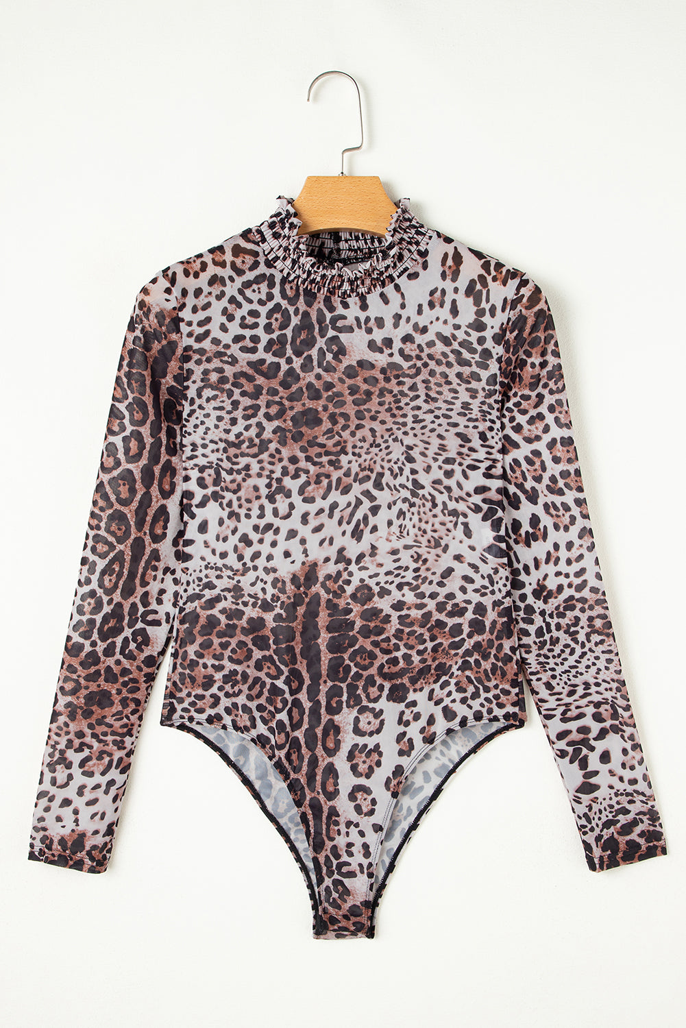 Brown Leopard Smocked Neck Mesh Long Sleeve Bodysuit eAura