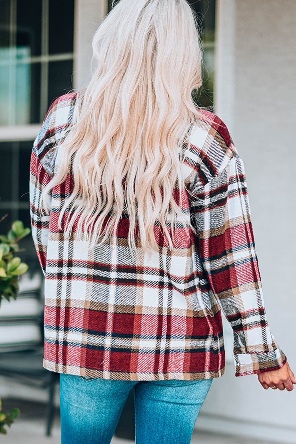 Geometric Plaid Print Pocketed Shacket eAura