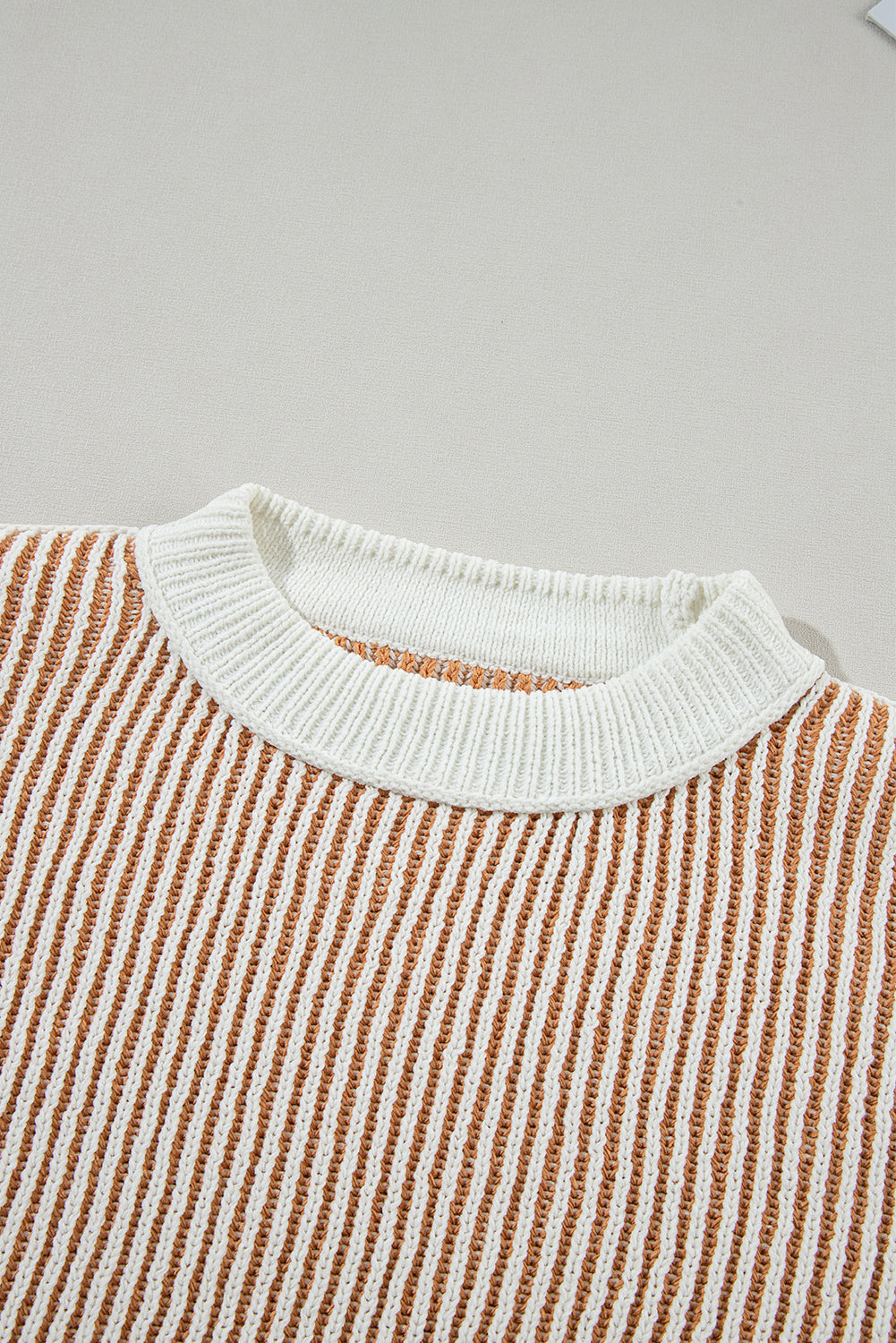 Bright Pink Striped Textured Knit Contrast Edge Loose Sweater eAura