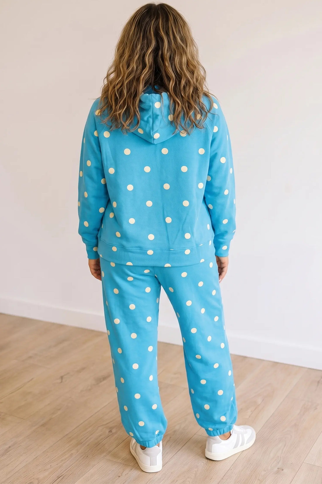 Polka Dot Hooded Drawstring Long Sleeve Plus Size Set – Blue