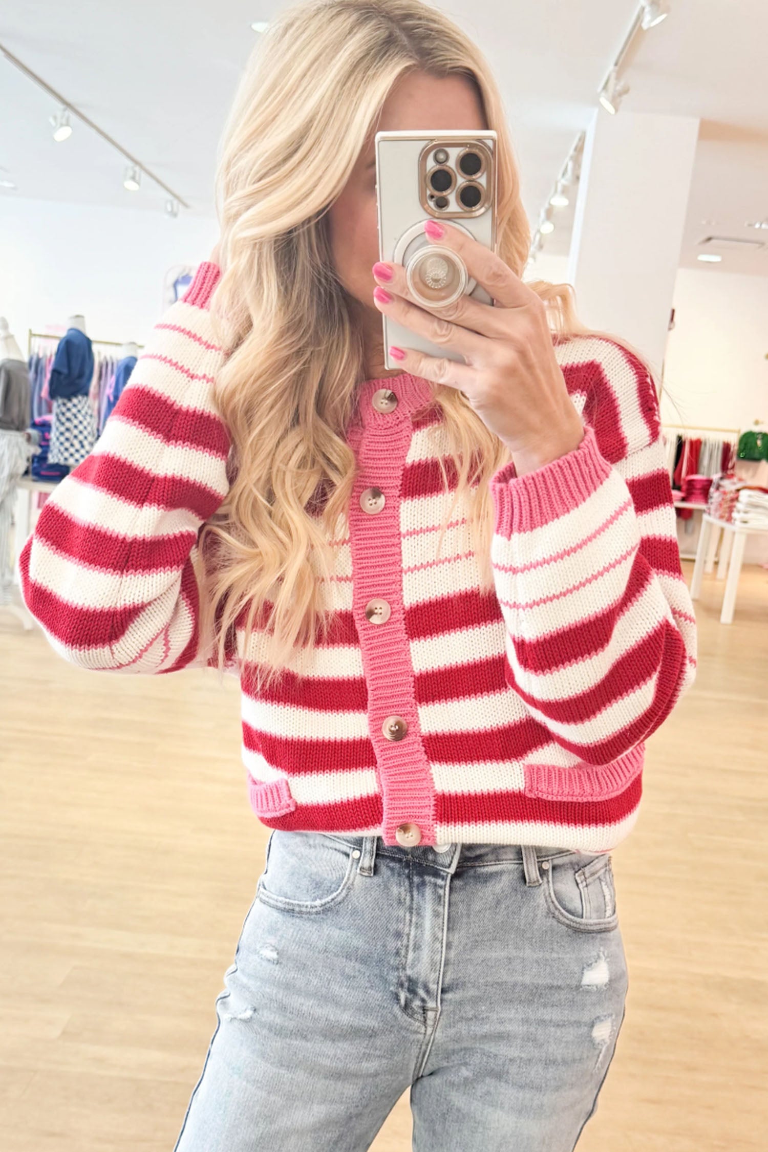 V Neck Long Sleeve Regular Fit Cardigan – Red Stripe