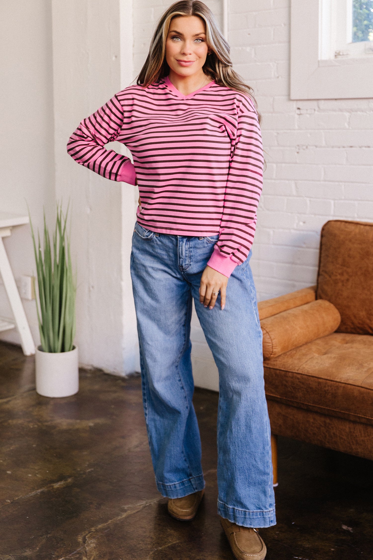 V Neck Drop Shoulder Long Sleeve Top – Pink Stripe