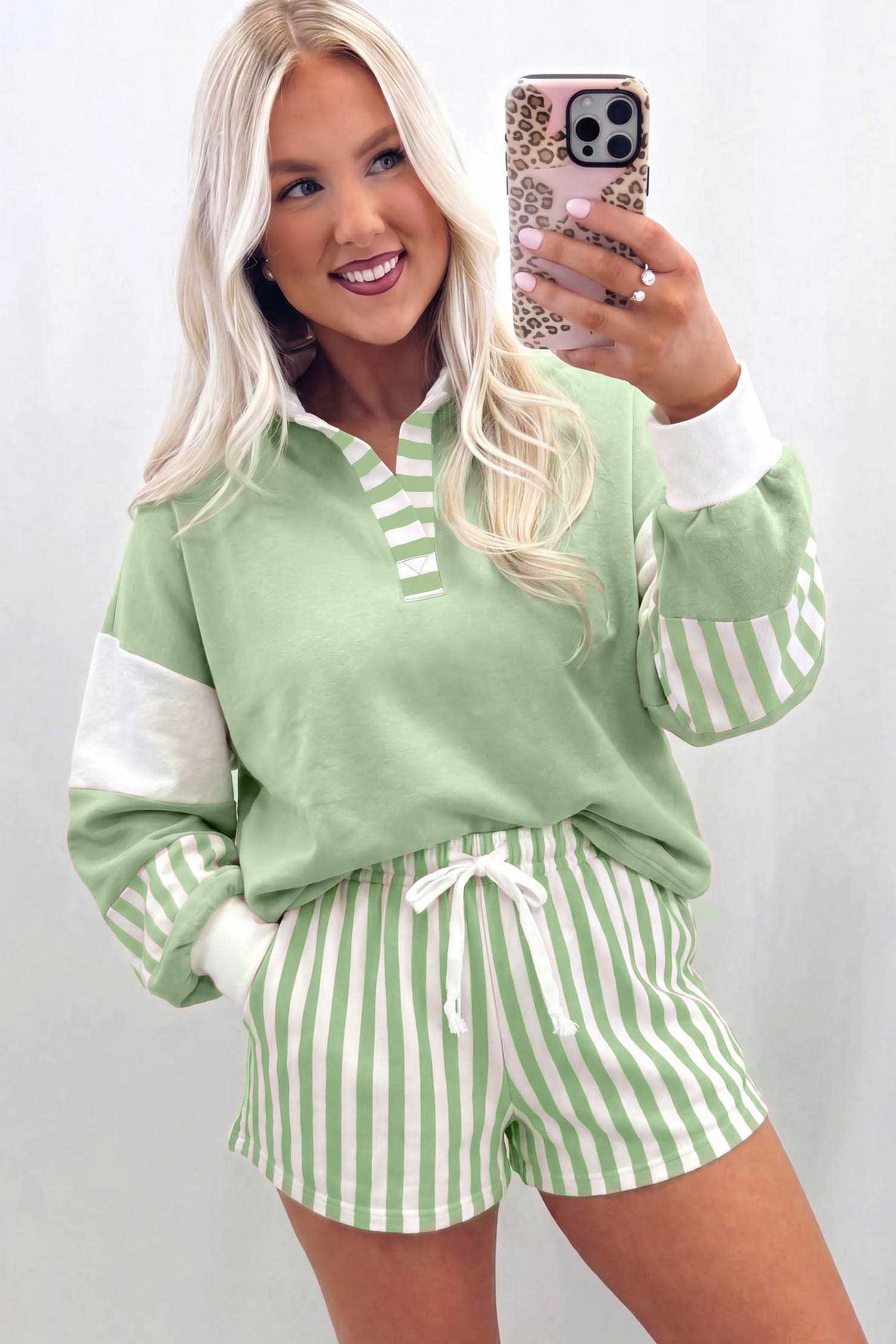 Gossamer Pink Striped Color Block Pullover Top Drawstring Shorts Set – Light Pink