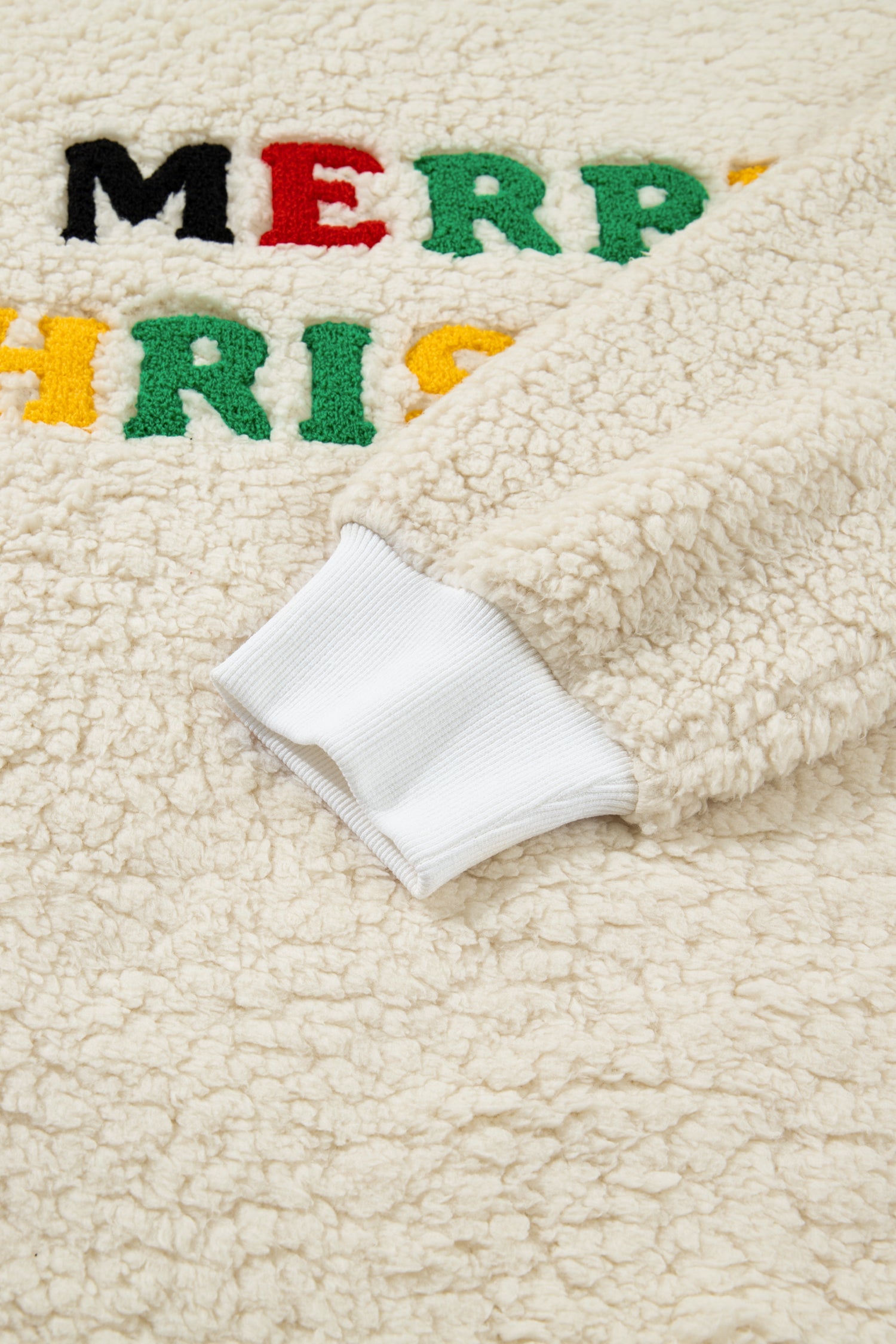 MERRY CHRISTMAS Multicoloured Embroidered Sherpa Pullover Sweatshirt - eAura