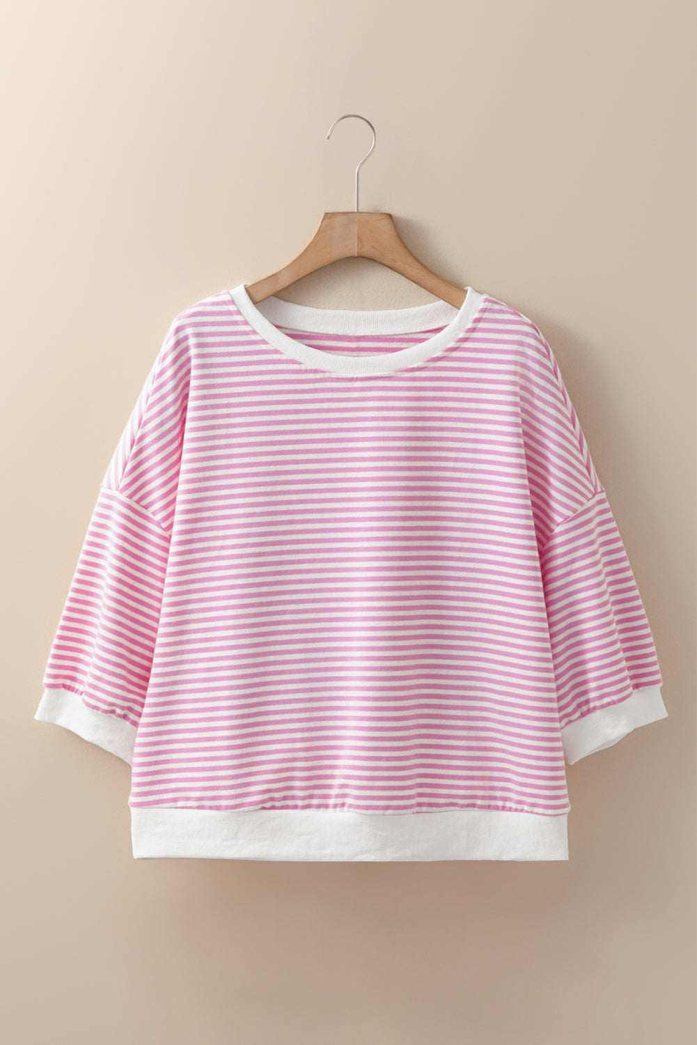 Pink Striped 3/4 Sleeve Drop Shoulder Top eAura