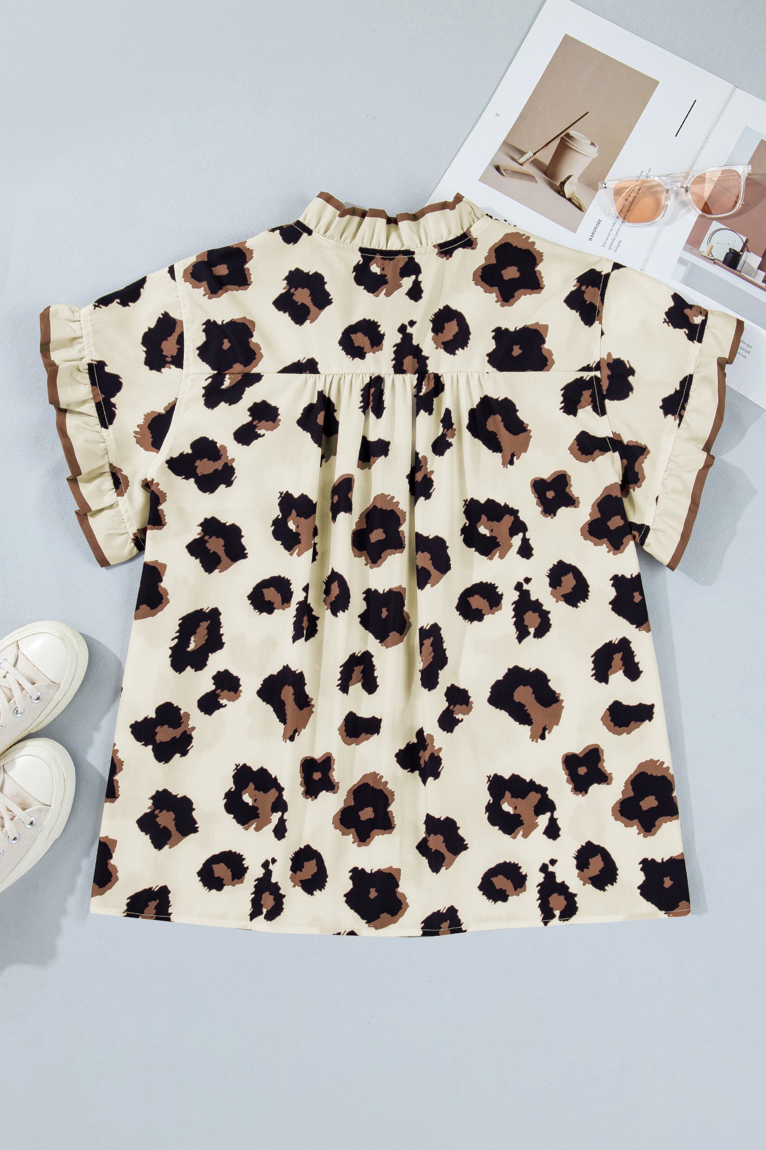Plus Size Leopard Print Frilled Color Block Trim Button Down Short Sleeve Blouse – Khaki