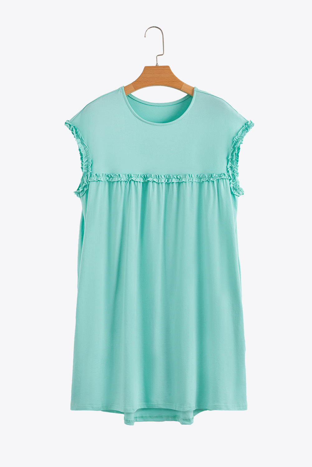 Mint Green Frilled Trim Crew Neck Loose Fit Mini Dress eAura