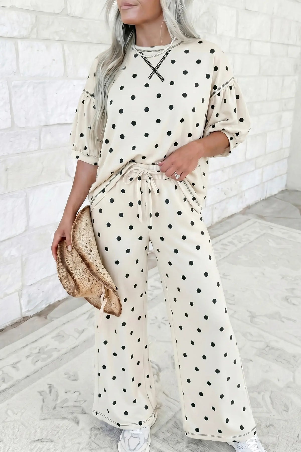 Polka Dot Half Sleeve Loose Top Elastic Waist Casual Pants Set – Beige