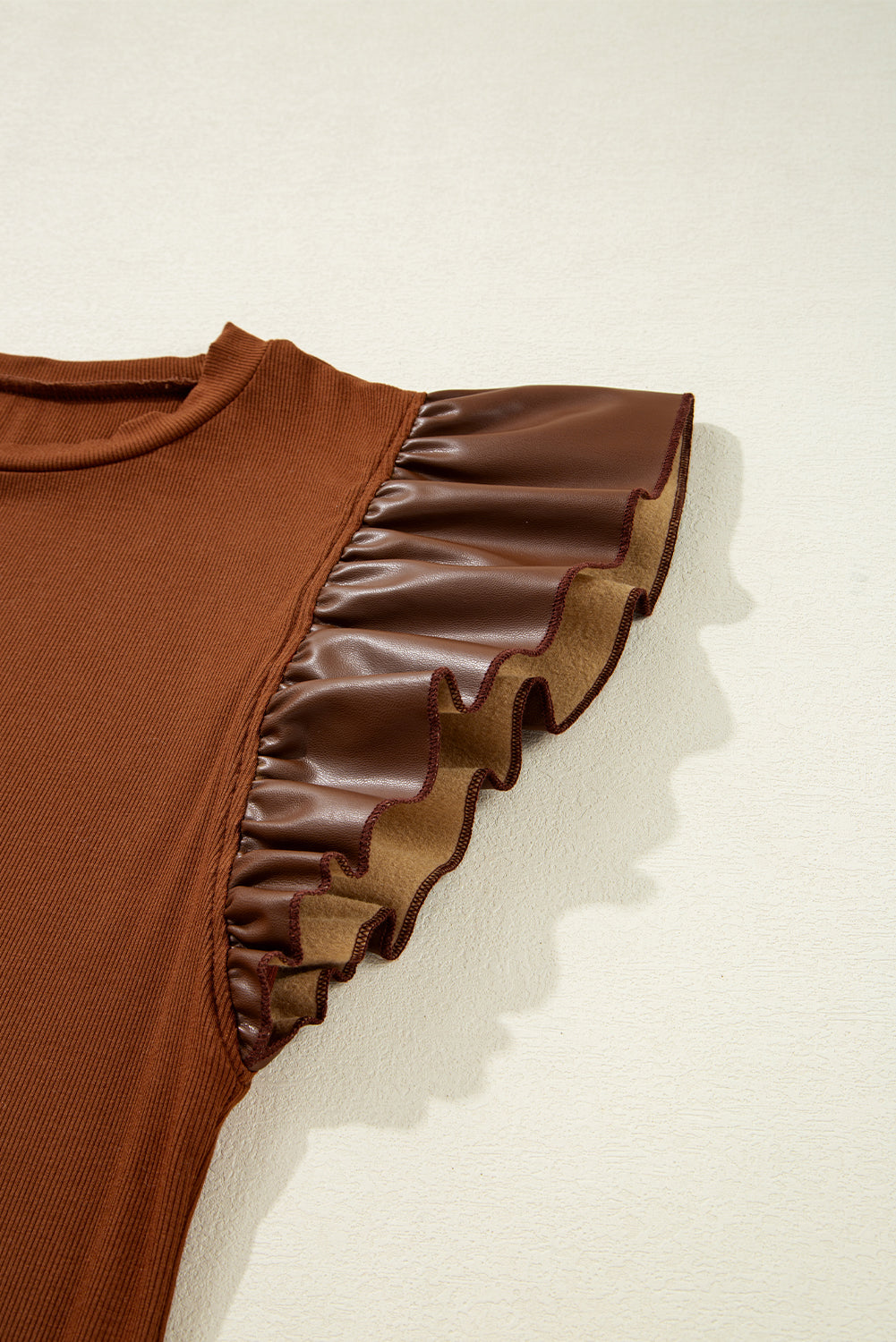Cinnamon Leather Ruffle Sleeve Patchwork Round Neck Blouse eAura