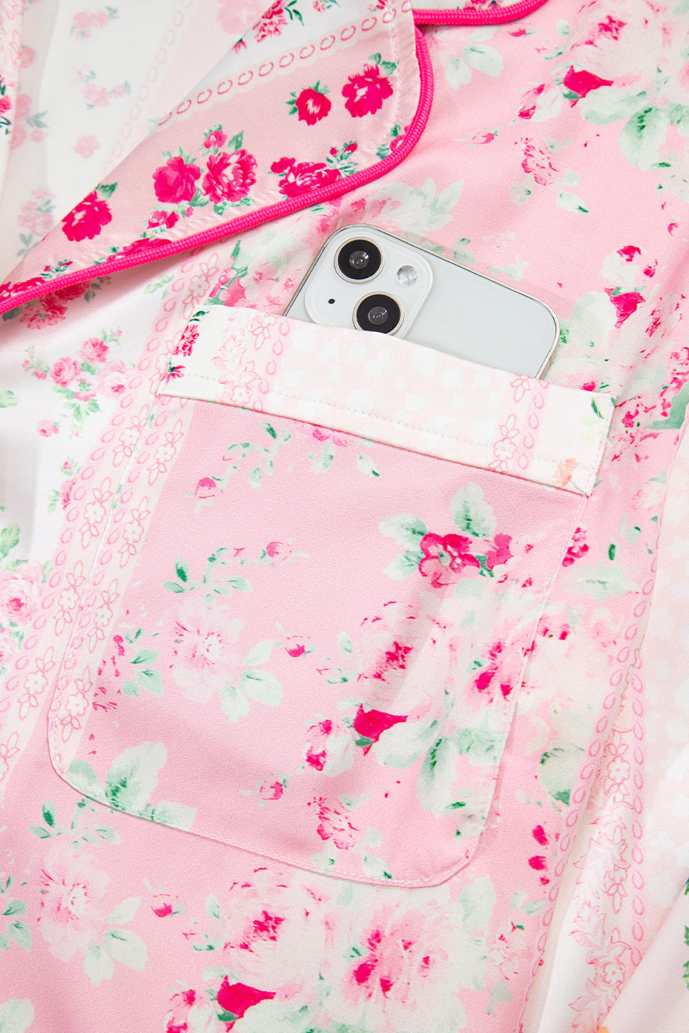 Pink Mixed Floral Print Contrast Piping Trim Satin Tie Pyjama Set - eAura