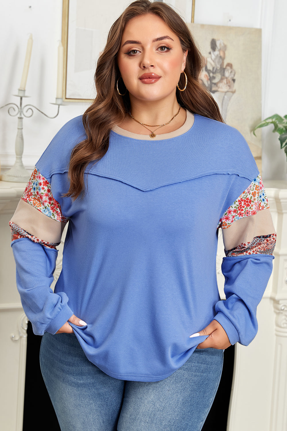 Exposed Seam Floral Mixed Patchwork Relaxed Plus Size Top - Blue / 1X - Size/Plus Sweatshirts & Hoodies