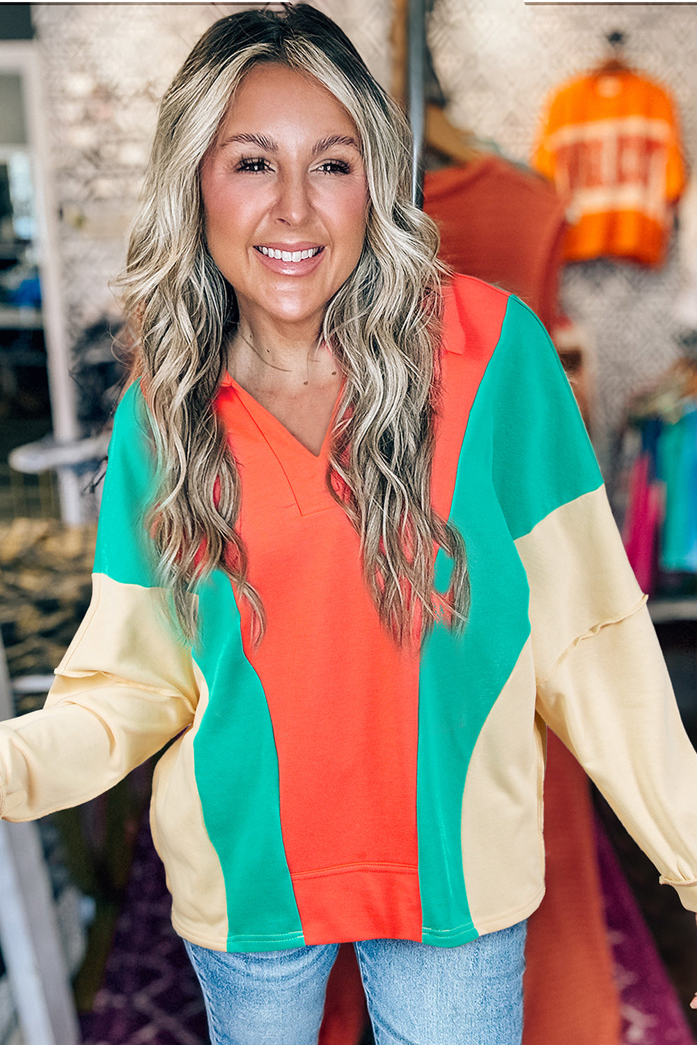 Grapefruit Orange Colour Block Patchwork Collared V Neck Loose Top eAura
