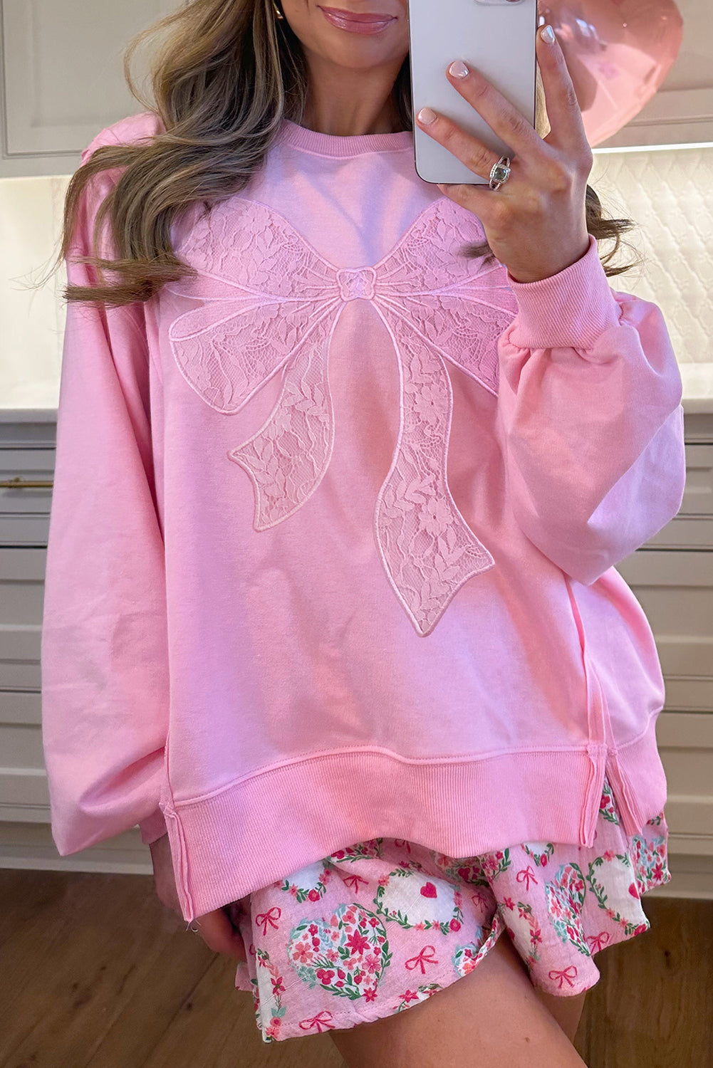 Lace Insert Bow Embroidered Exposed Seam Sweatshirt - eAura