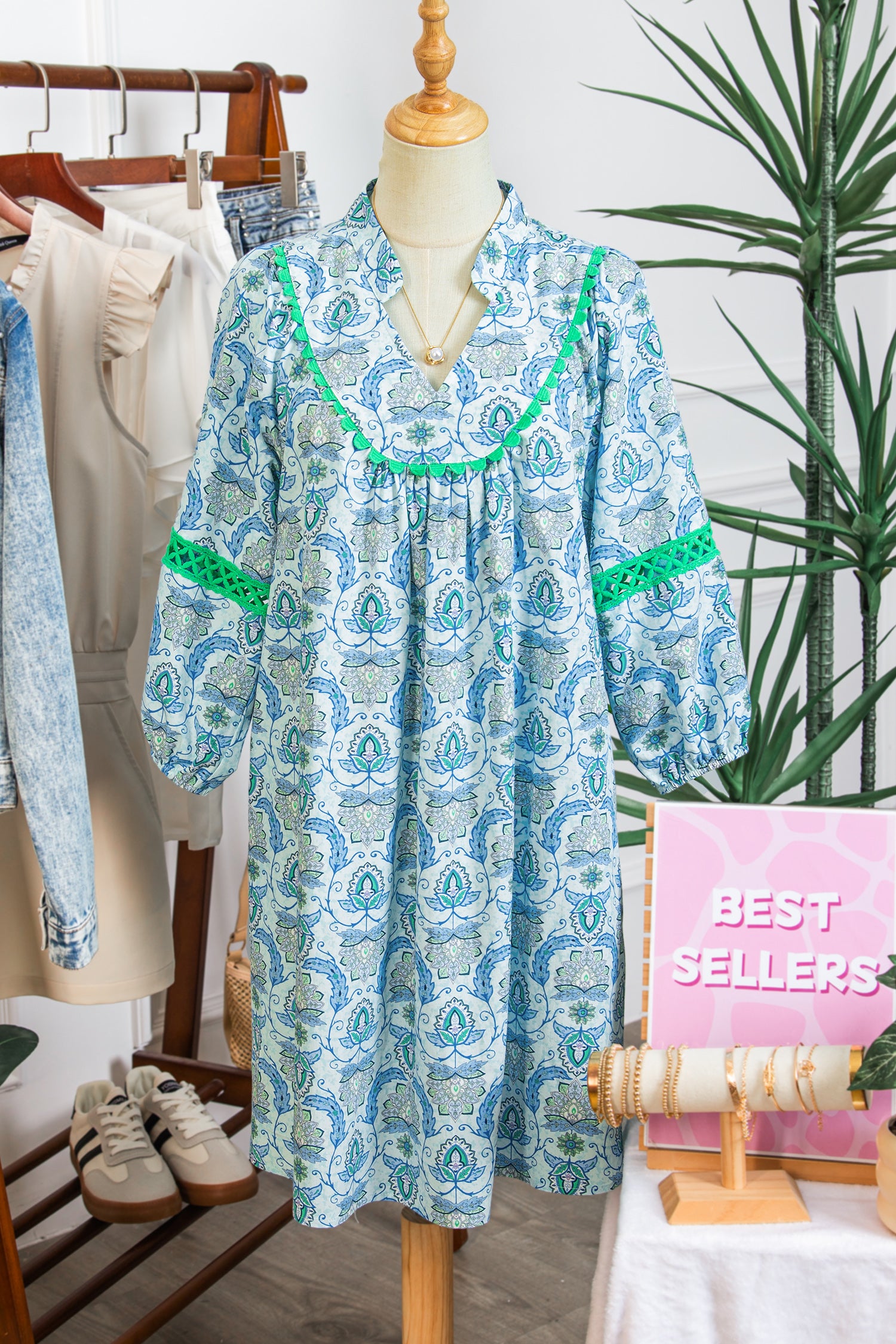 Boho Paisley Print Contrast Patchwork Detail Bracelet Sleeve Loose Mini Dress
