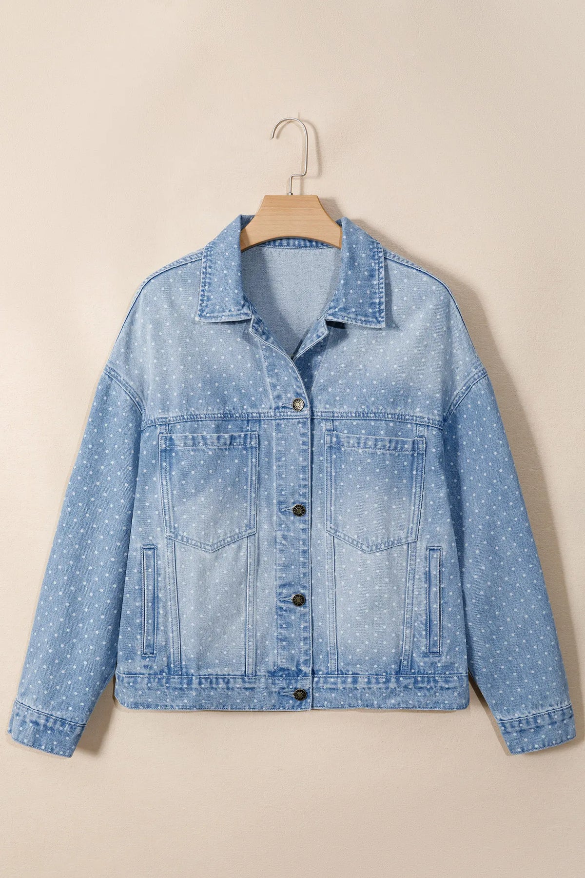 Sky Blue Polka Dot Long Sleeve Collar Pocket Casual Shift Silhouette Denim Jacket – Light Blue