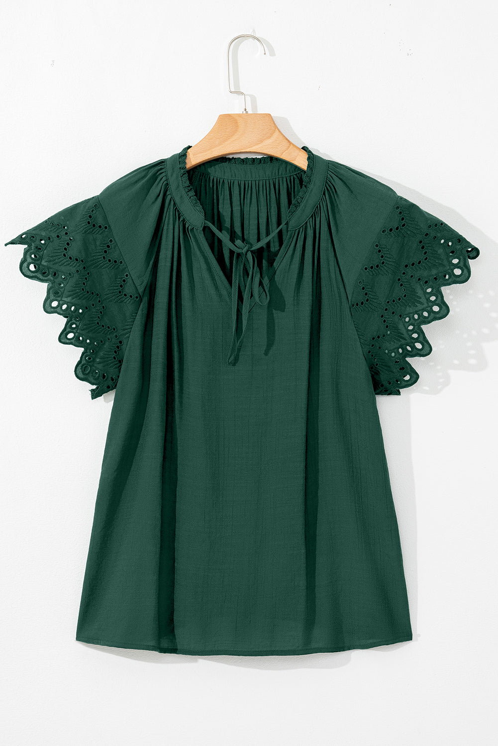 Green Bay Eyelet Embroidered Sleeve Tie V Neck Blouse eAura