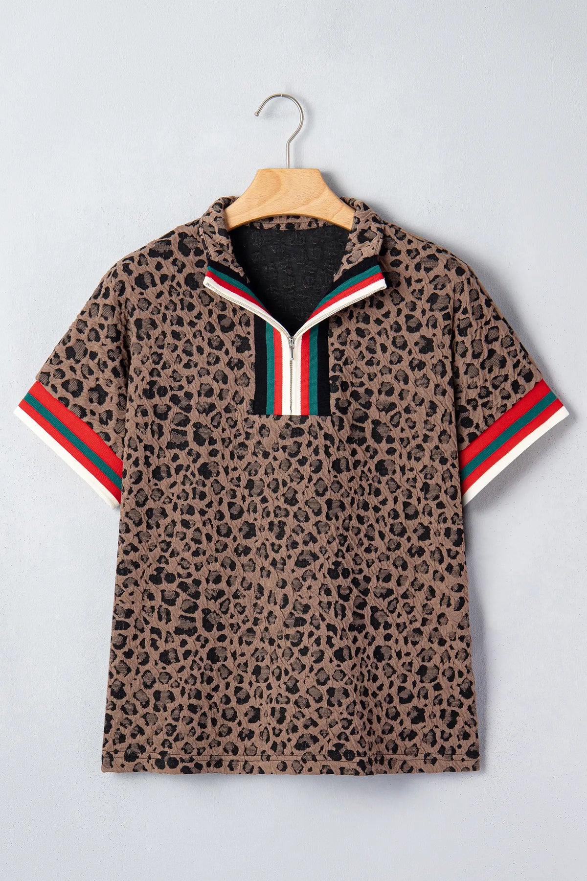 Leopard Jacquard Striped Patchwork Half Zip Short Sleeve Blouse – Brown