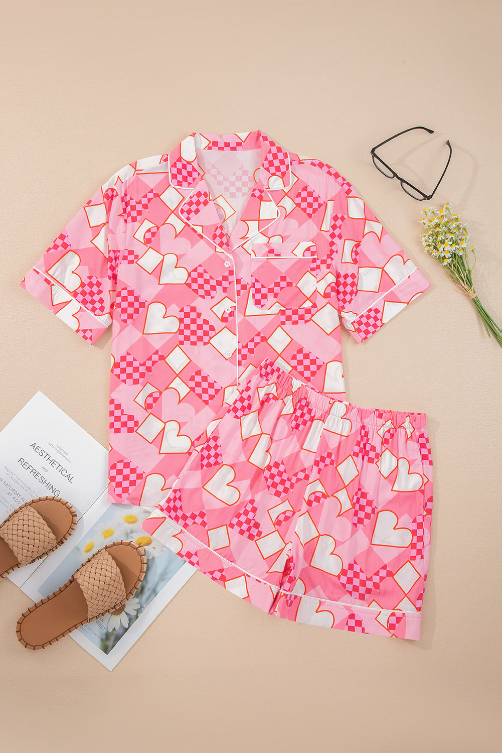 Heart Print Shirt Style Short Pyjama Set - eAura