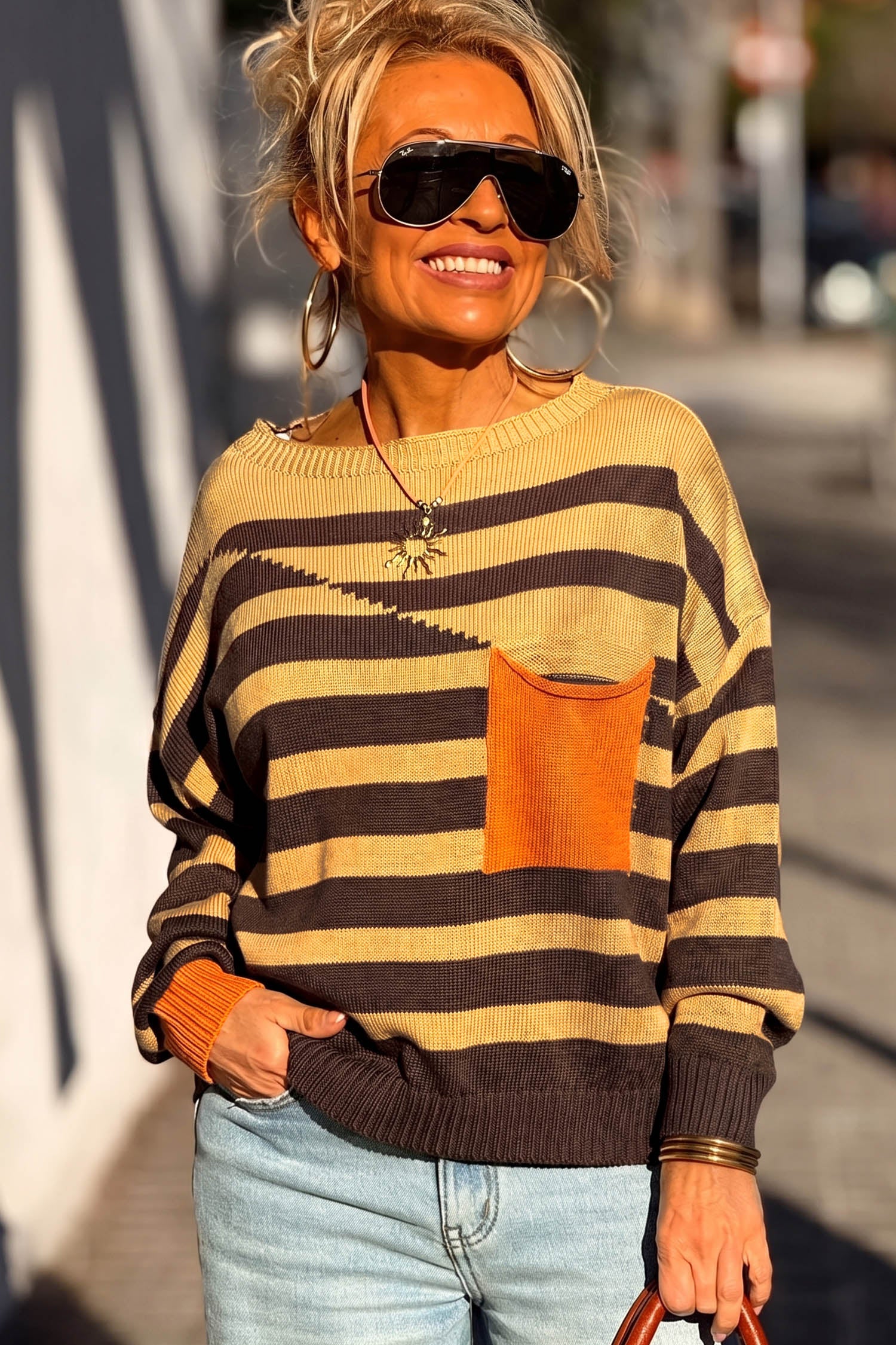 Striped Drop Shoulder Colorblock Pullover Sweater – Brown Stripe