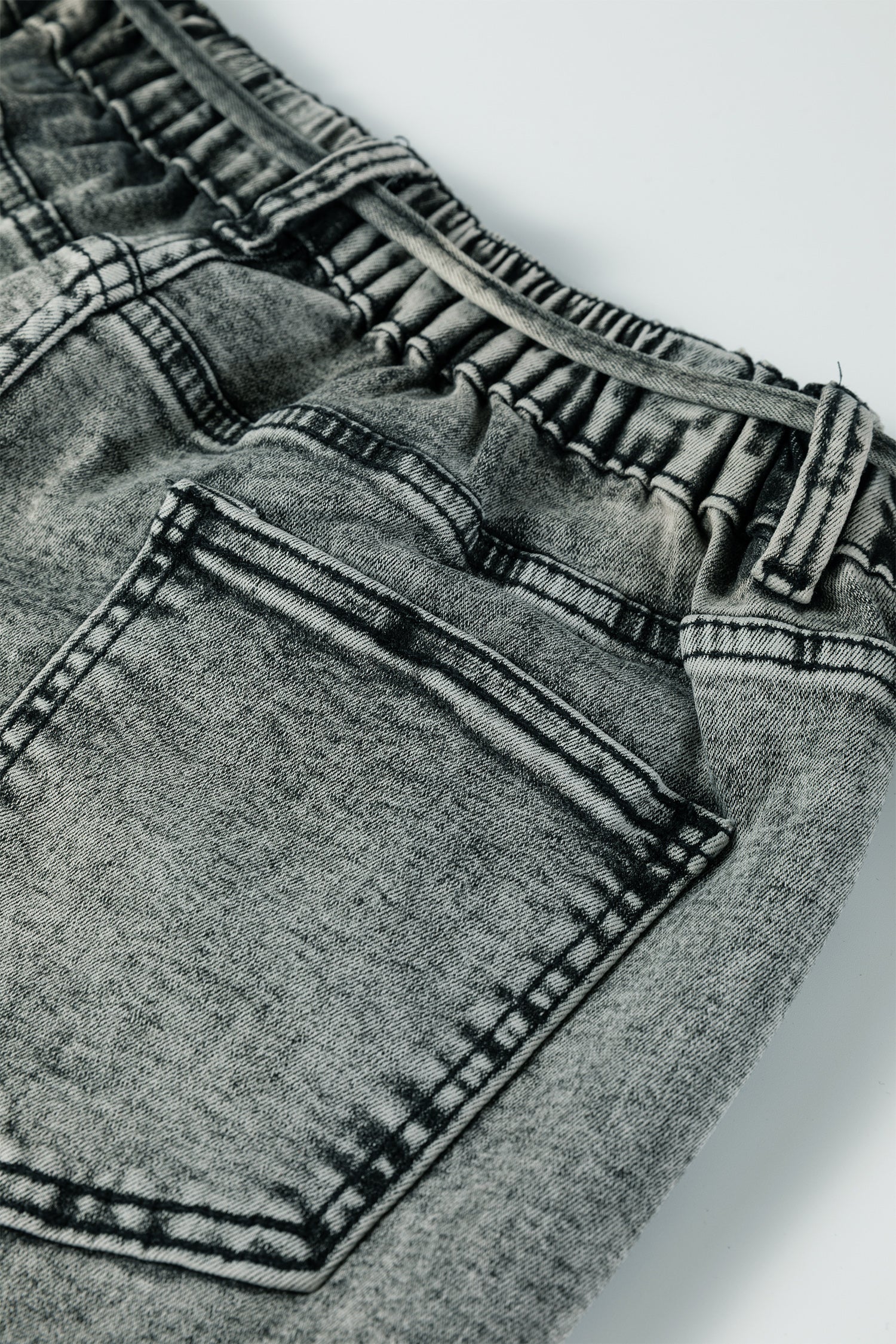 Gray Acid Wash Tie Waist Denim Pants