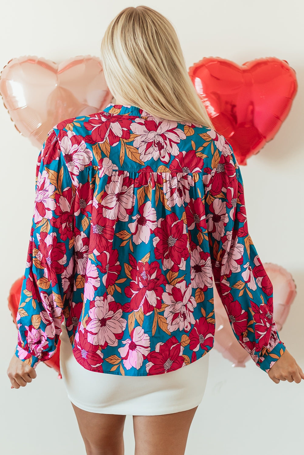 Red Floral Printed Balloon Sleeve Half Buttons Blouse eAura