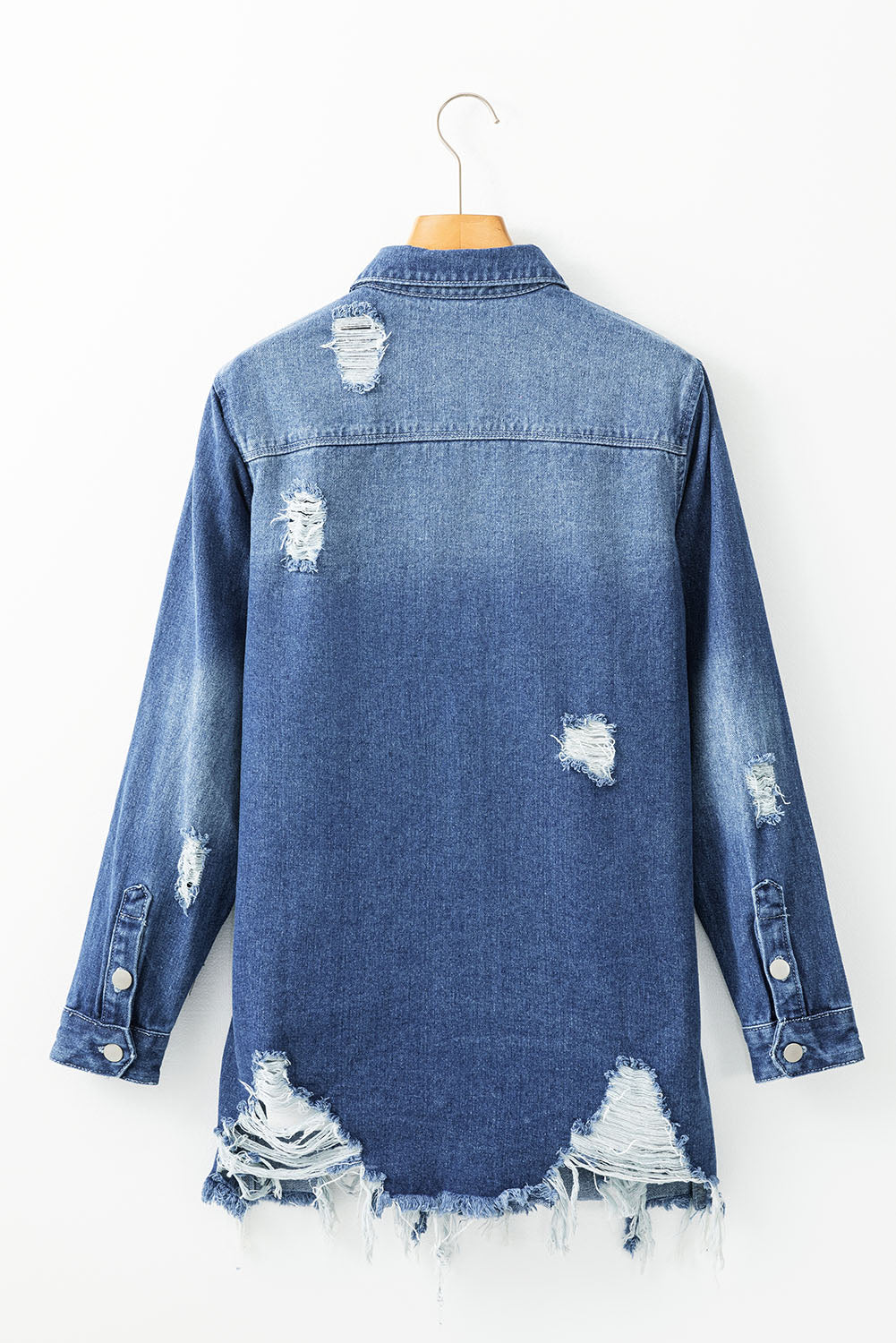 Sky Blue Light Wash Distressed Frayed Long Denim Jacket Beagle Boutique Fashion Outlet