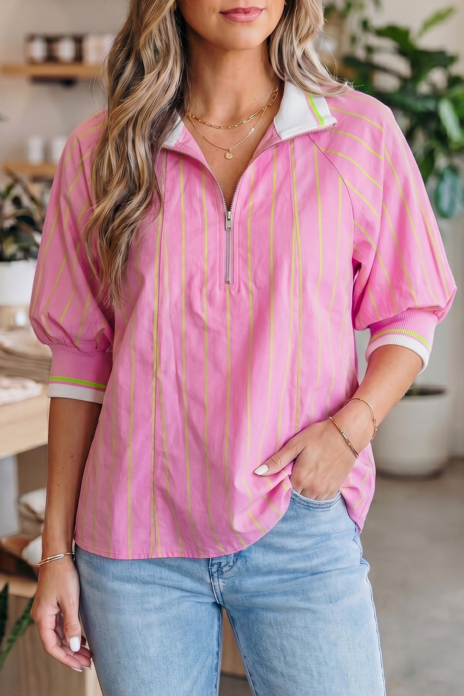 Striped V-Neck Half Sleeve Zipper Ribbed Cuff Casual Shift Blouse – Pink Stripe