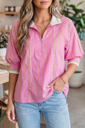 Striped V-Neck Half Sleeve Zipper Ribbed Cuff Casual Shift Blouse – Pink Stripe