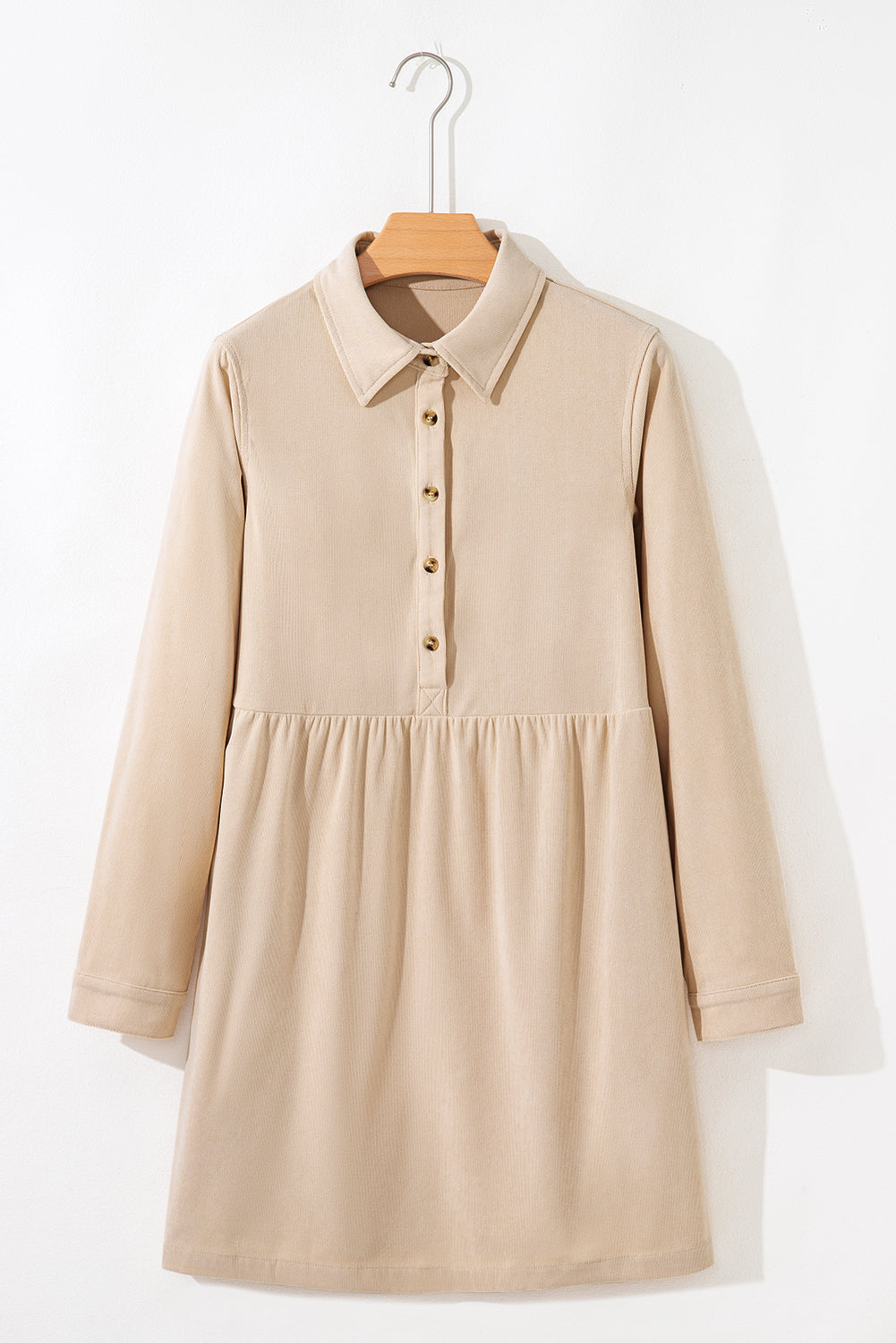 Oatmeal Corduroy Half Button Collared Long Sleeve Mini Dress eAura