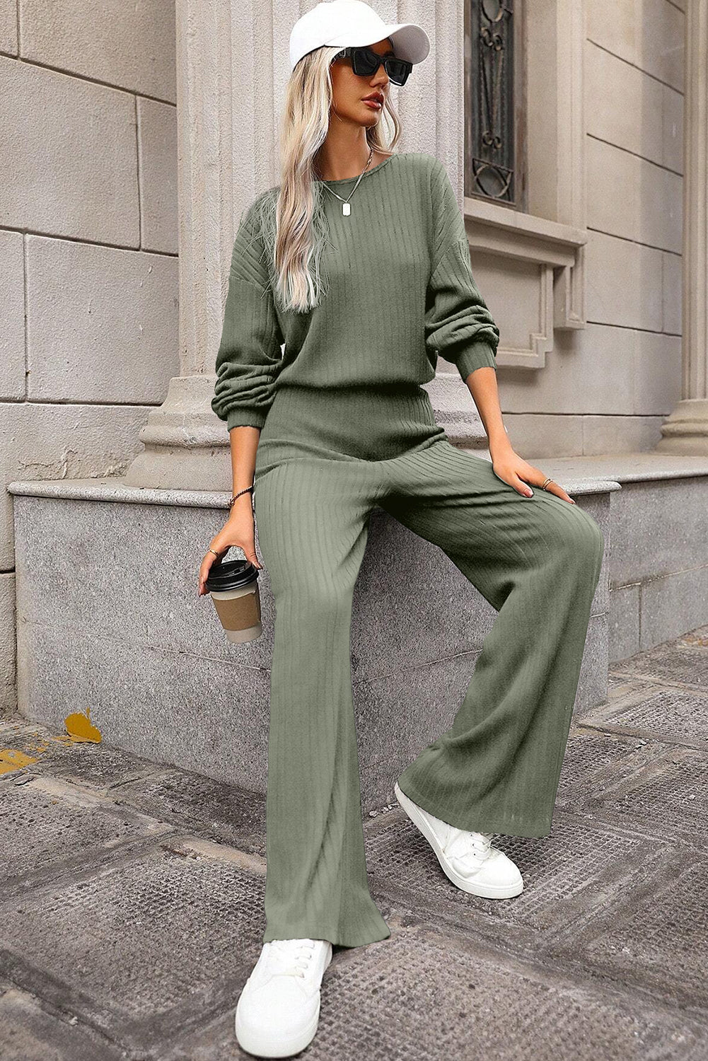 Laurel Green Solid Ribbed Knit Keyhole Back High Waist Jumpsuit eAura