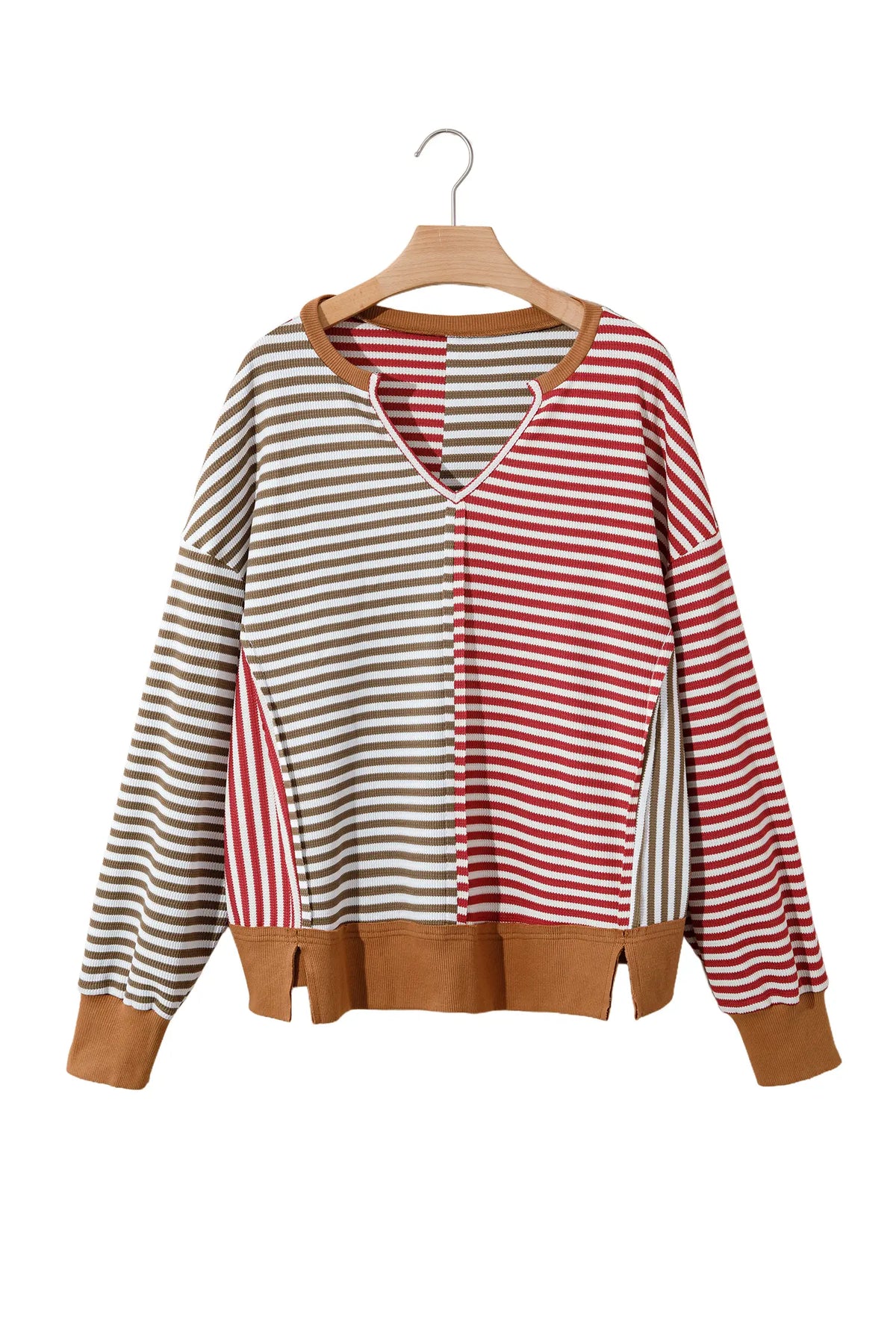 Red Striped Colourblock V Neck Long Sleeve Top – Red Stripe