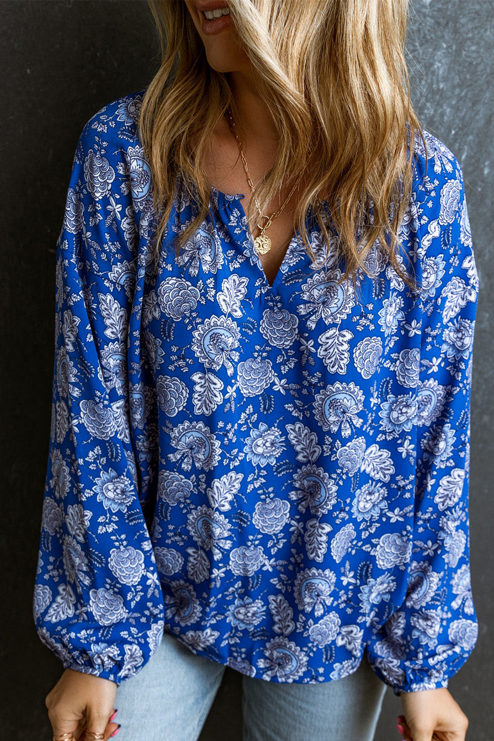Blue Floral Notched V-Neck Long Sleeve Blouse eAura