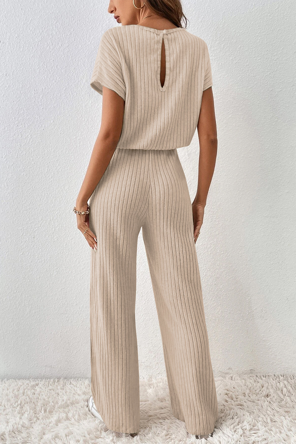 Black Solid Colour Ribbed Short Sleeve Wide Leg Jumpsuit eAura