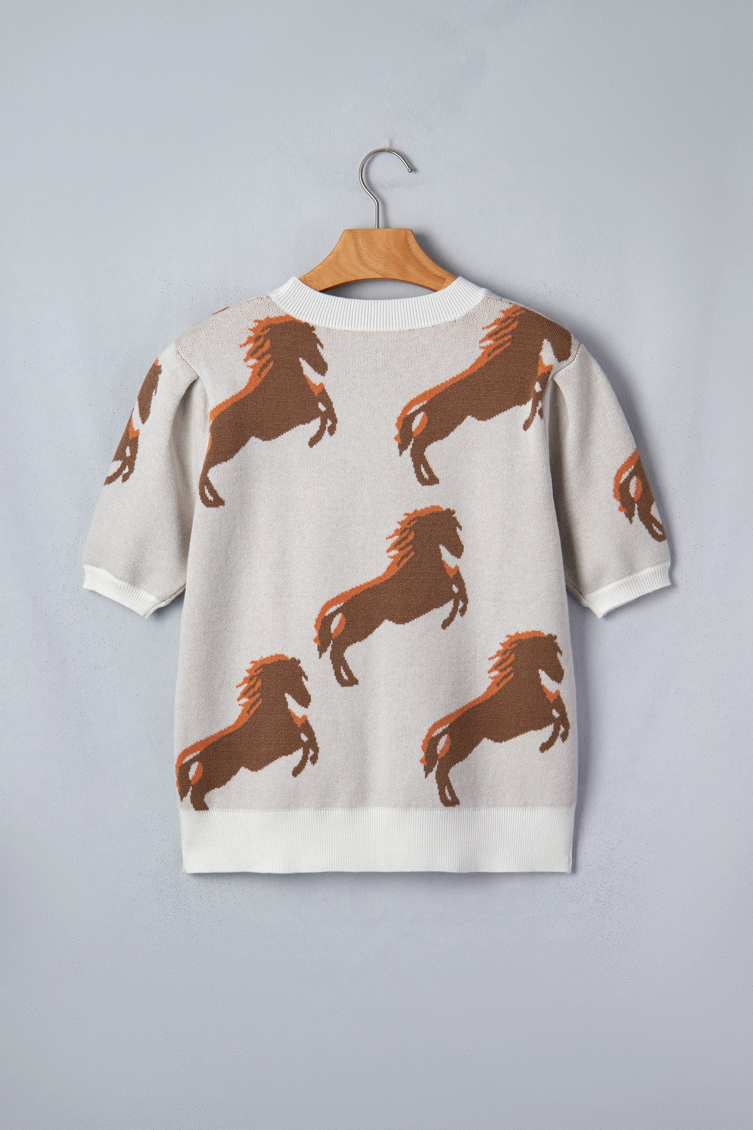 Western Horse Printed Short Puff Sleeve Sweater – White