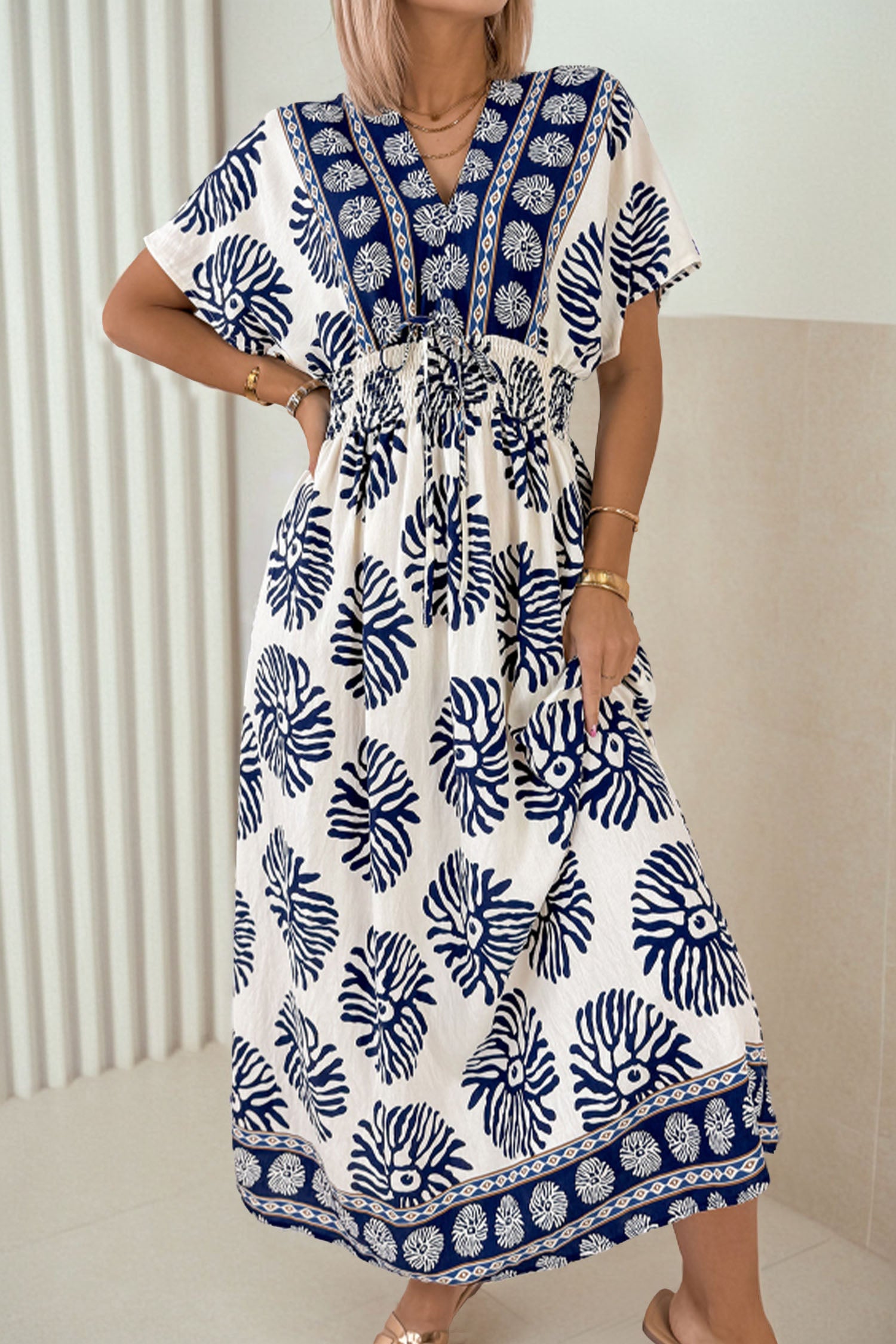 Boho Floral Print Contrast Patchwork V Neck Dolman Maxi Dress – Blue