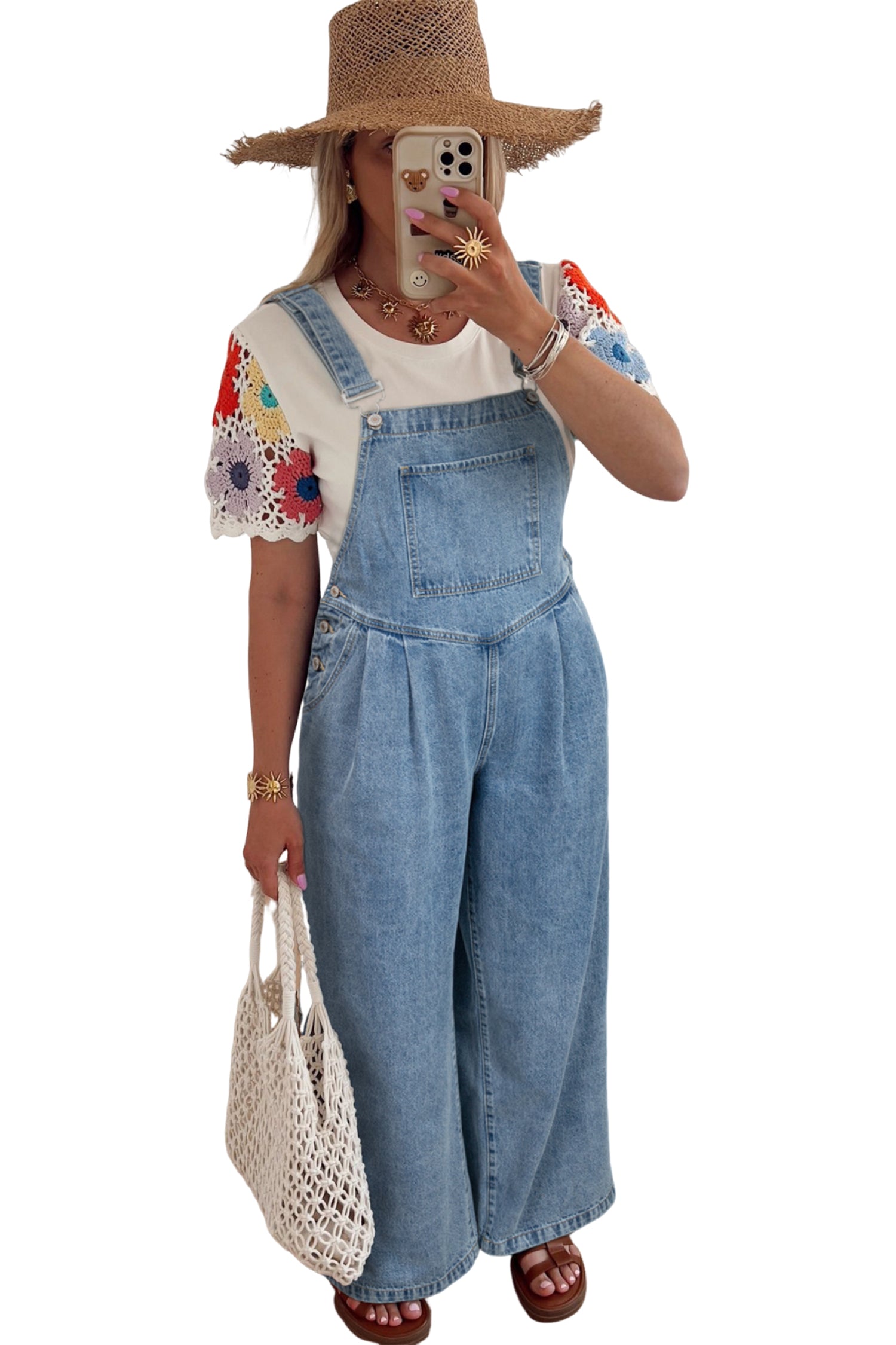 Blue Pleated Wide Leg Retro Pocketed Denim Dungarees Jumpsuit