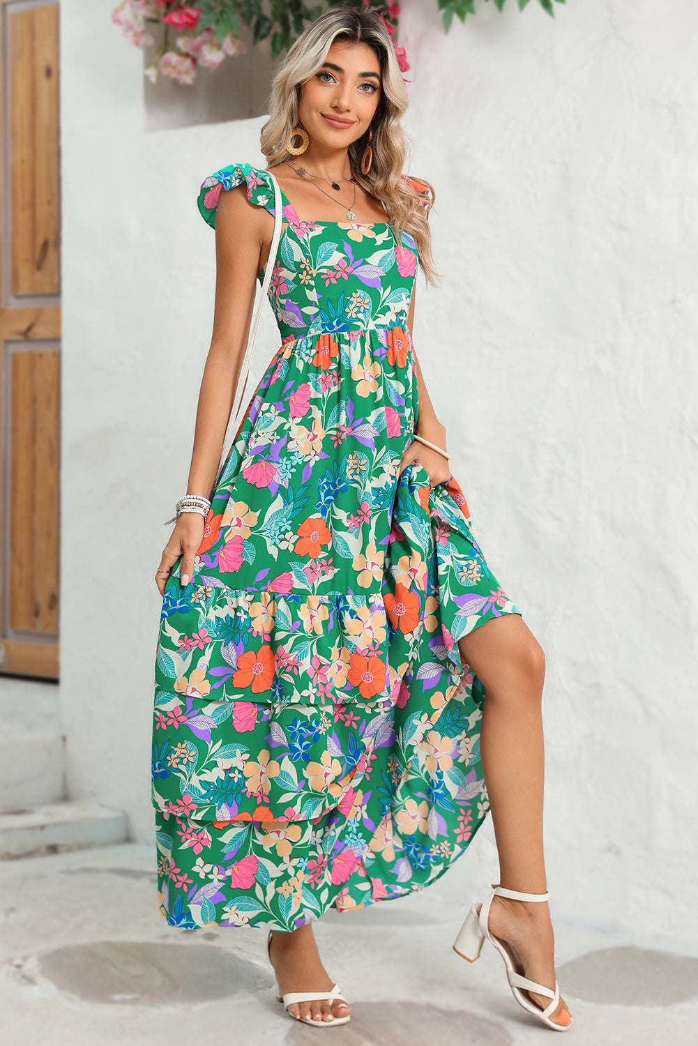 Floral Print Ruffle Sleeveless Tiered Maxi Dress