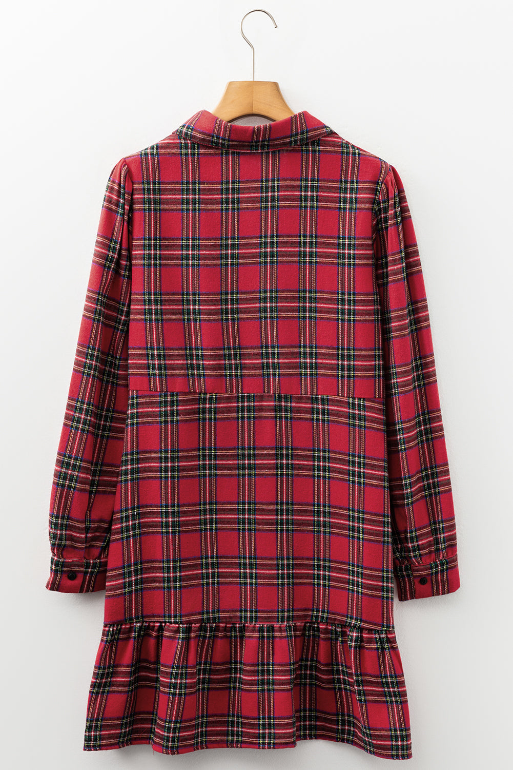 Plaid Shirt Collar Half Button Ruffle Hem Long Sleeve Mini Dress - eAura