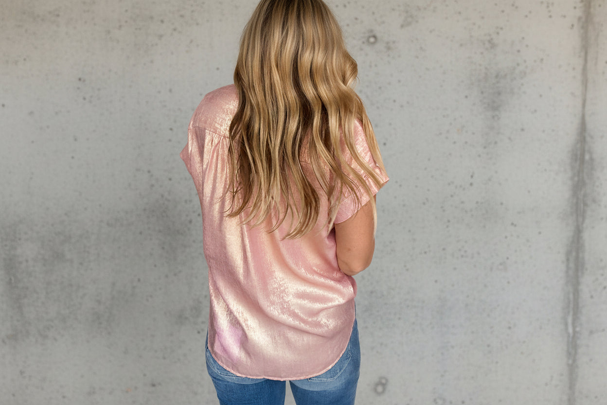 Metallic Buttoned Loose Fit Short Sleeve Shirt