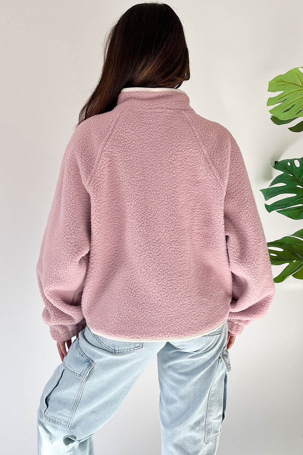Fushia Stand Neck Half Button Zip Pocket Plush Sweatshirt eAura