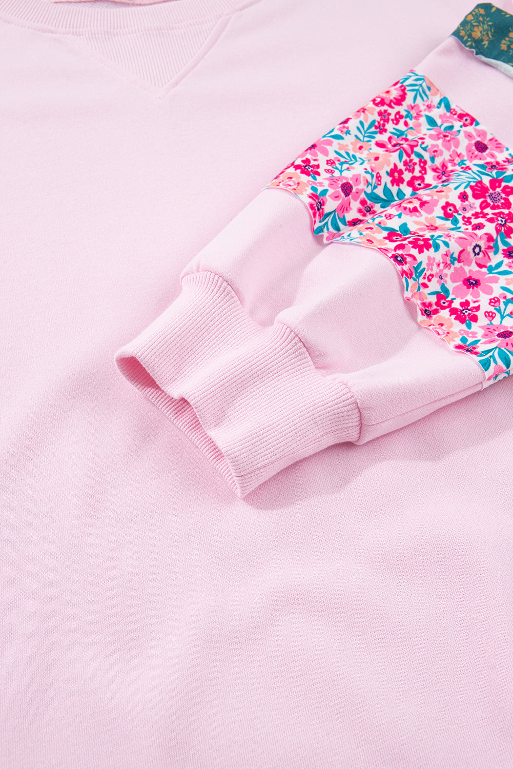 Pink Plus Size Mix Floral Patched Sleeve Ribbed Trim Oversized Sweatshirt - eAura