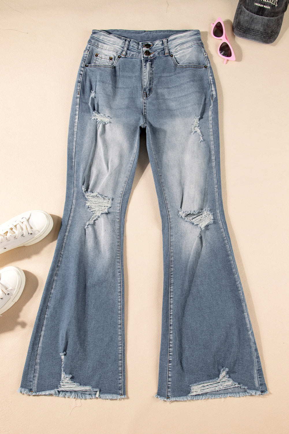 Dusk Blue Vintage Light Wash Ripped Raw Edge Flare Jeans Beagle Boutique Fashion Outlet