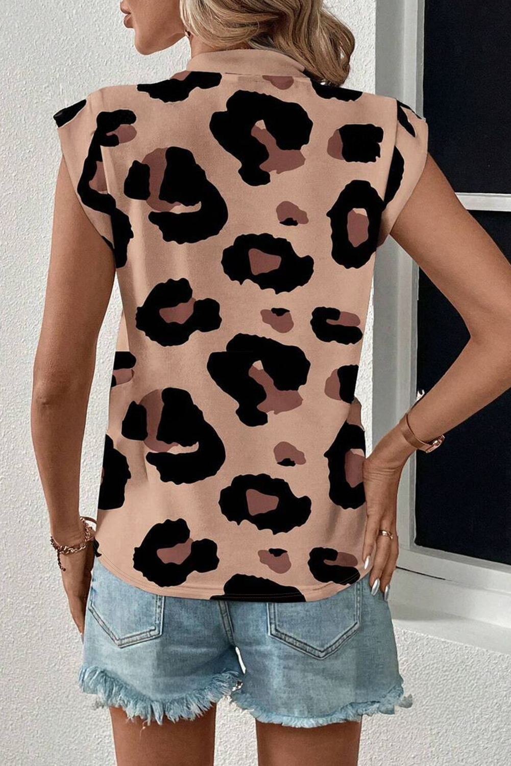 Khaki Leopard Crew Neck Cap Sleeve Casual Tee eAura